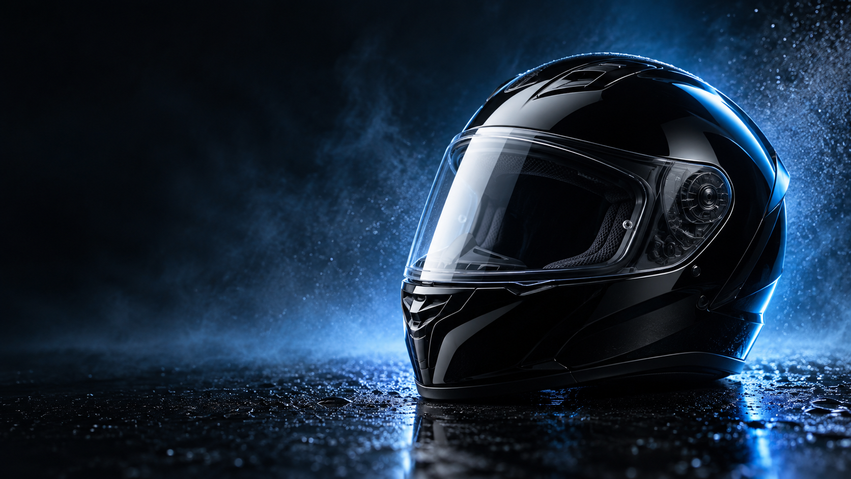 A pristine glossy black motorcycle helmet with cool blue lighting