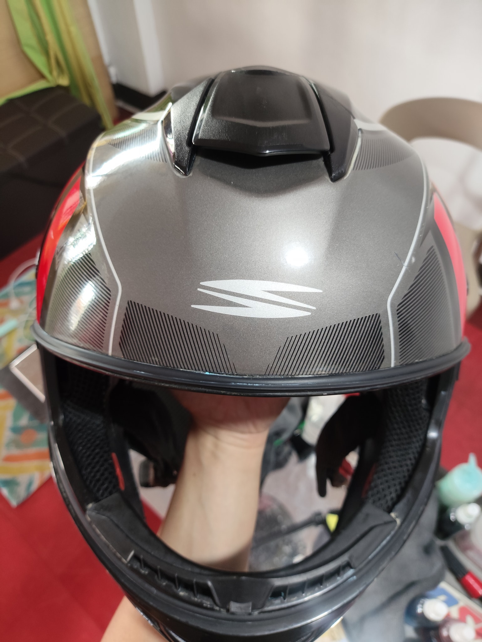 Gray motorcycle helmet after VBRO helmet care