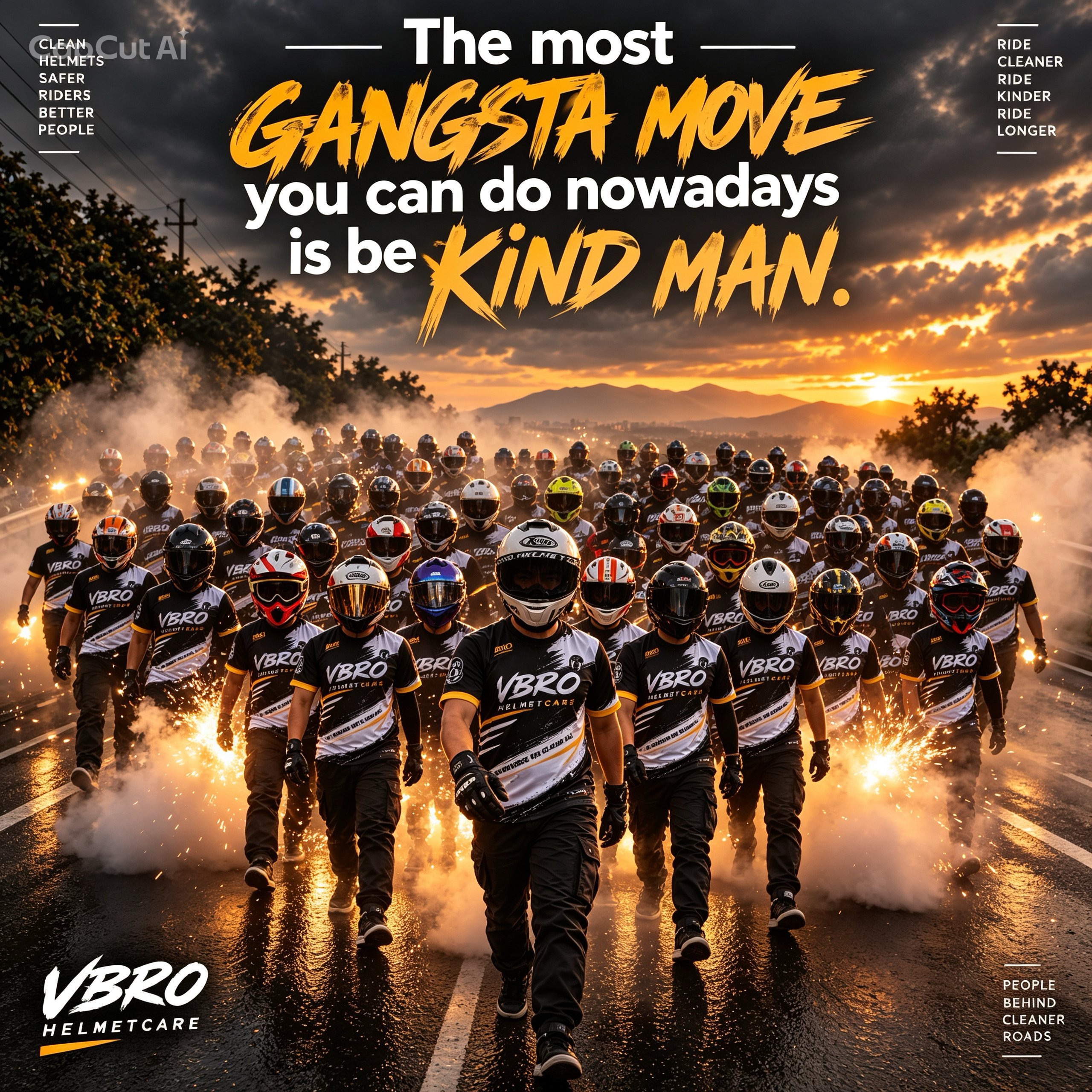 VBRO Helmet Care partners riding together at sunset