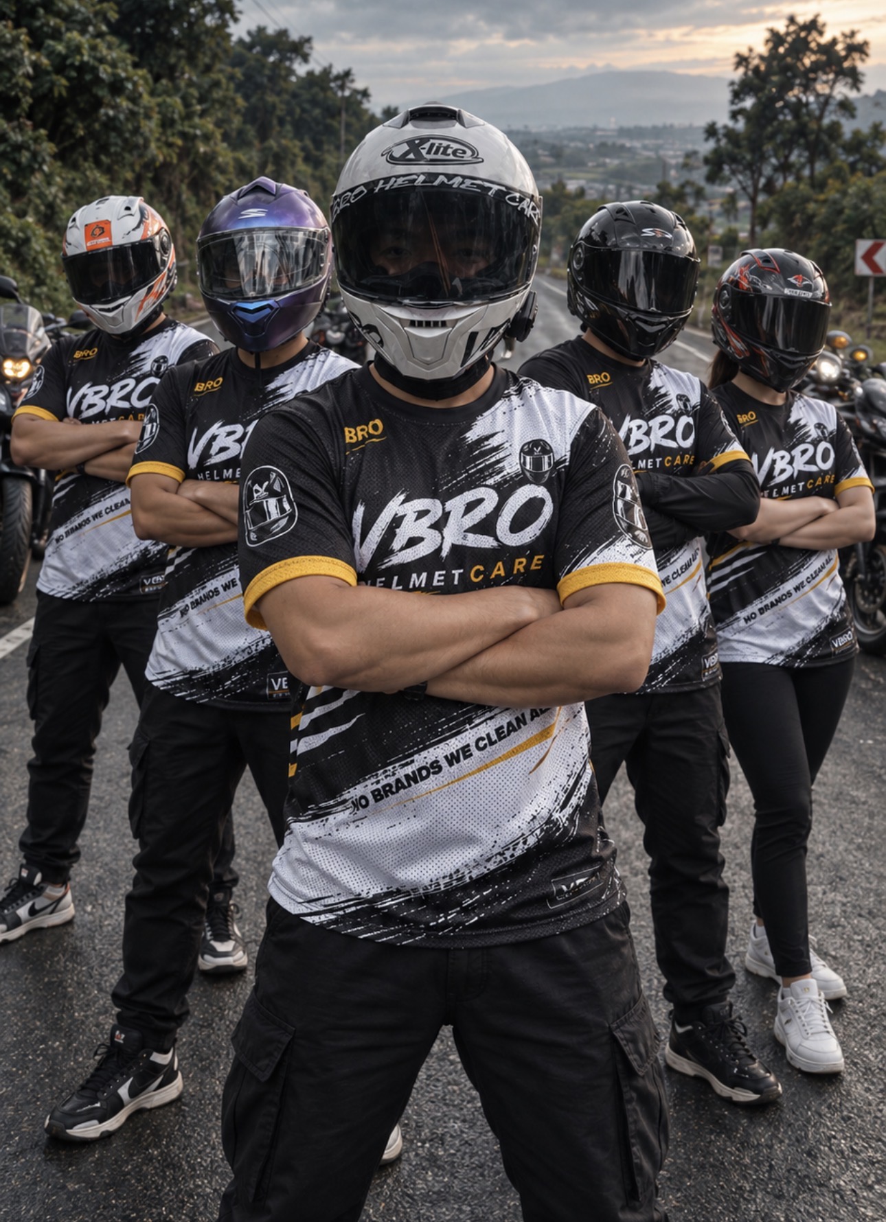 VBRO Helmet Care team wearing motorcycle helmets and branded jerseys